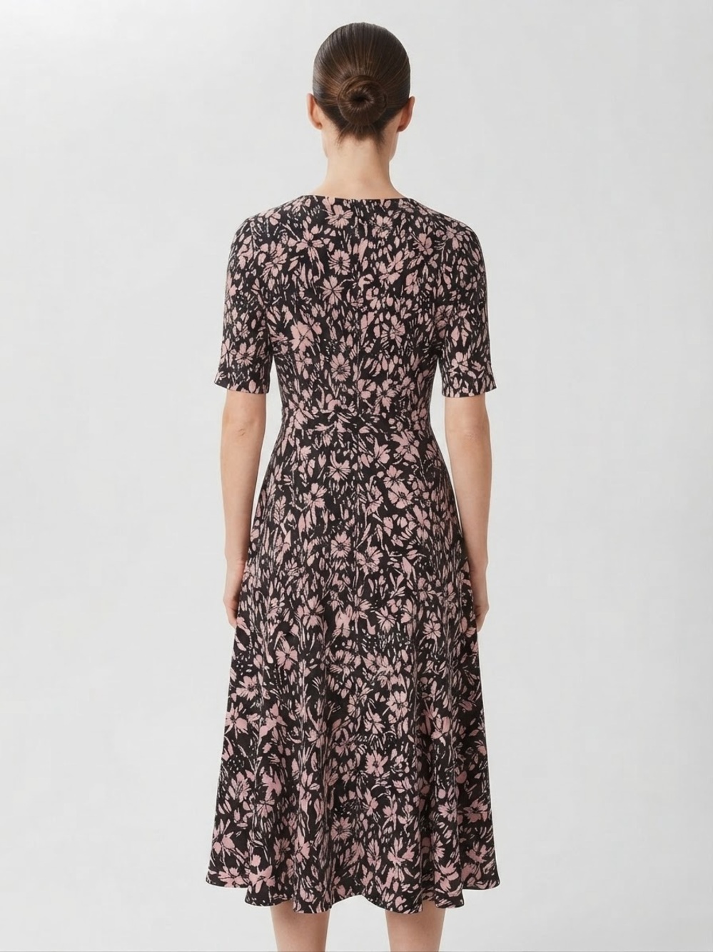 London Times 10 Black Pink Floral Midi Dress Short Sleeve Formal - Picture 2 of 9